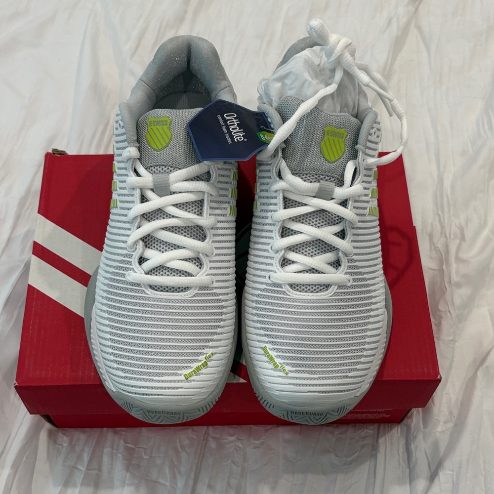 NWT! K-Swiss Hypercourt Express 2 women’s White/Gray and Neon Green Tennis Shoes